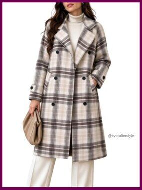 Wool Blend Plaid Pea Coat Double Breasted Belted Trench